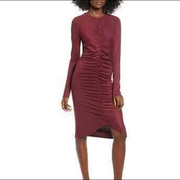 Leith Women's Red Long Sleeve Ruched Front Knee Length Bodycon Dress sz S - Picture 1 of 5
